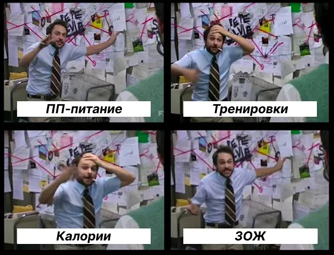 Мем: одновременно ПП, тренировки, калории и ЗОЖ